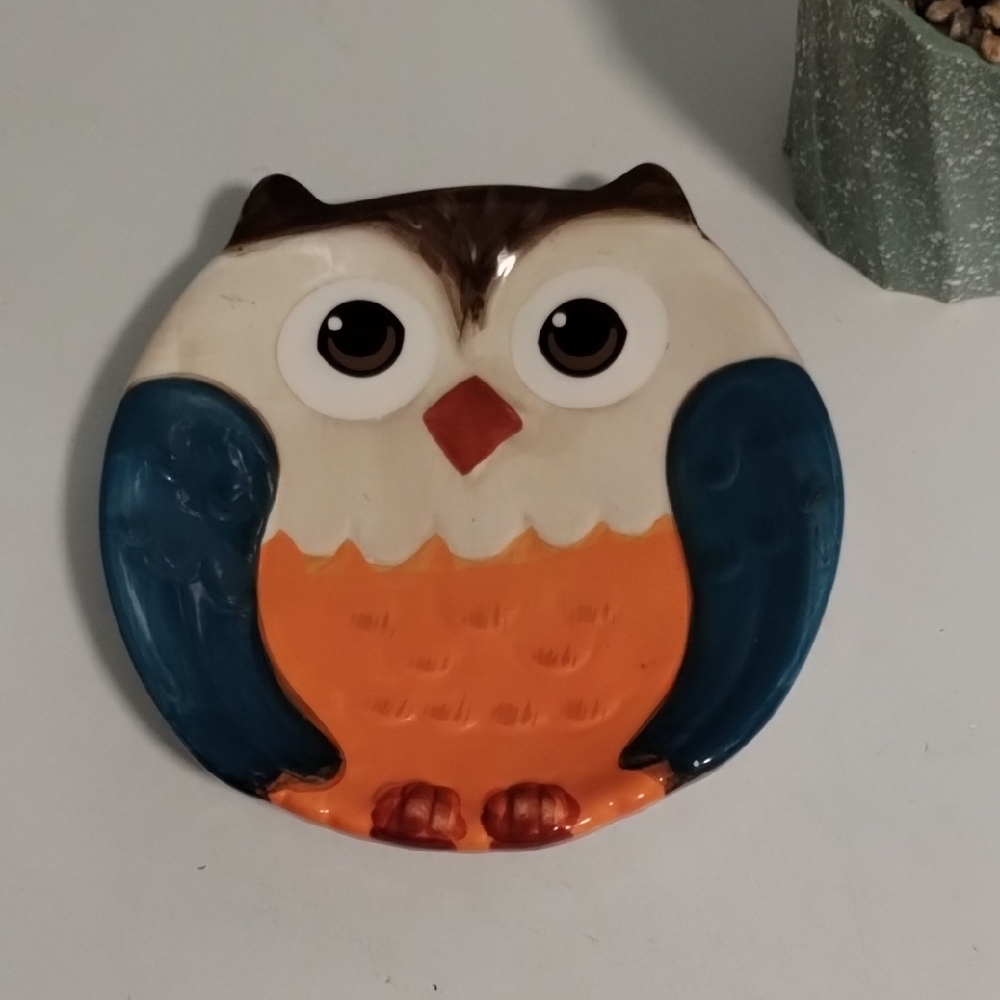 Owl Shaped Ceramic Plate - Orange and Blue